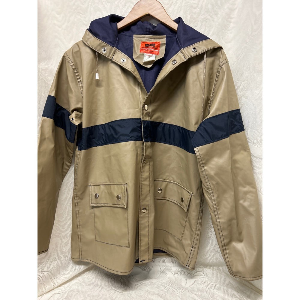 Vintage Swell-Wear Industries Kids Raincoat XL Hooded Tan‎ Blue Stripe